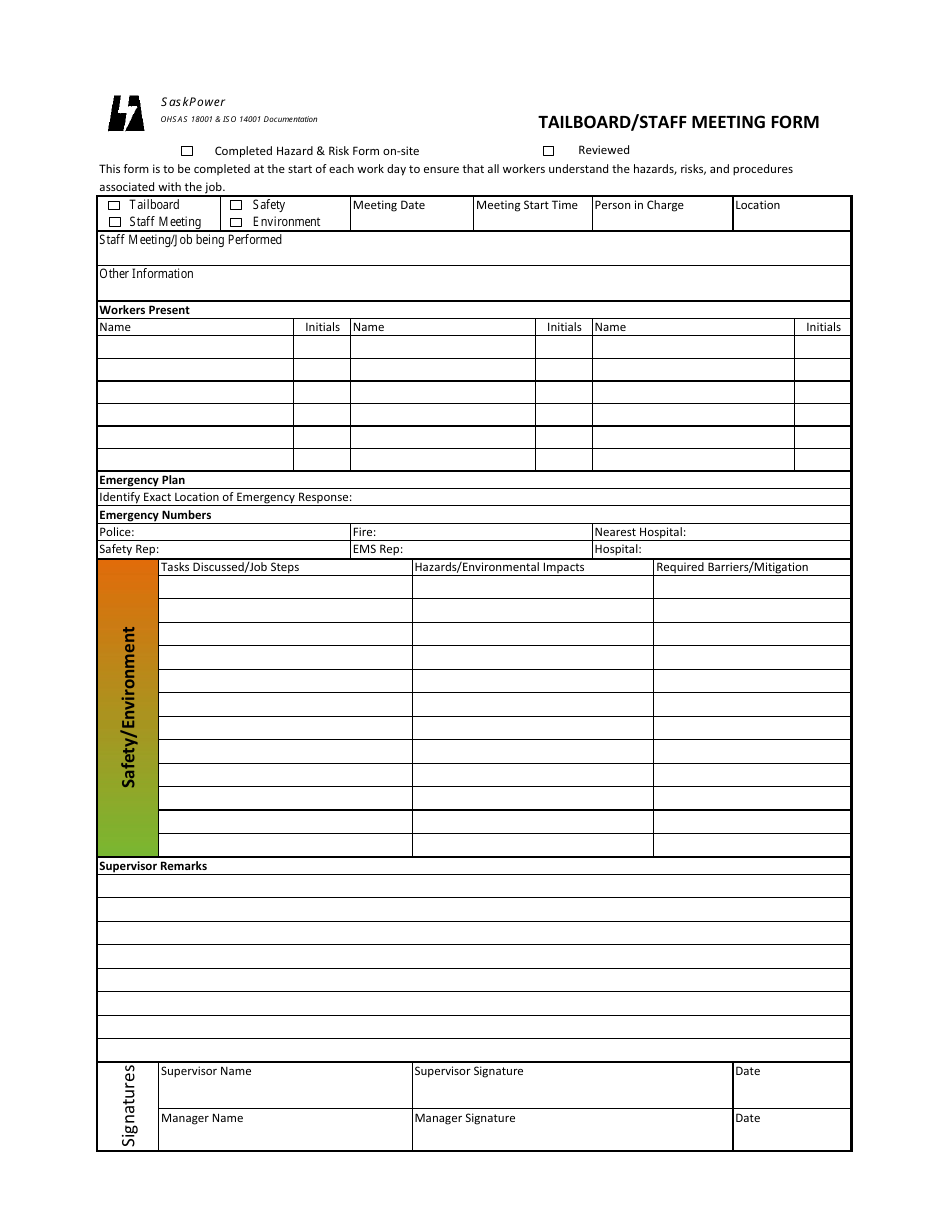 Tailboard / Staff Meeting Form - Saskpower, Page 1
