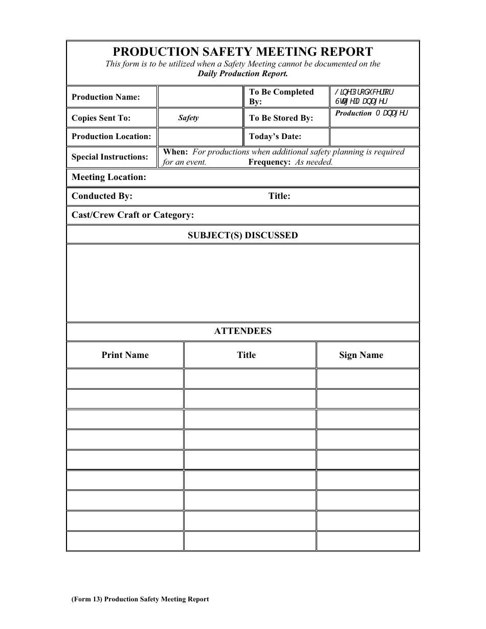 Production Safety Meeting Report Form, Page 1