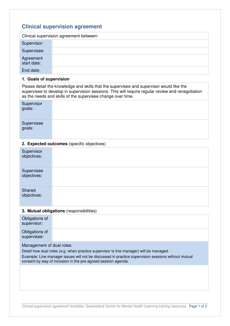 Clinical Supervision Agreement Form - Queensland Centre for Mental Health Learning - Queensland, Australia, Page 1