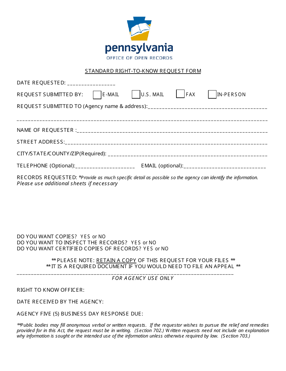 Standard Right-To-Know Request Form - Pennsylvania, Page 1