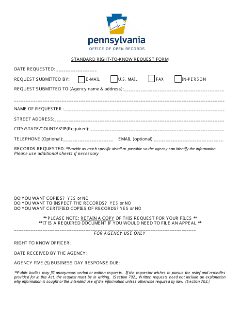 Standard Right-To-Know Request Form - Pennsylvania
