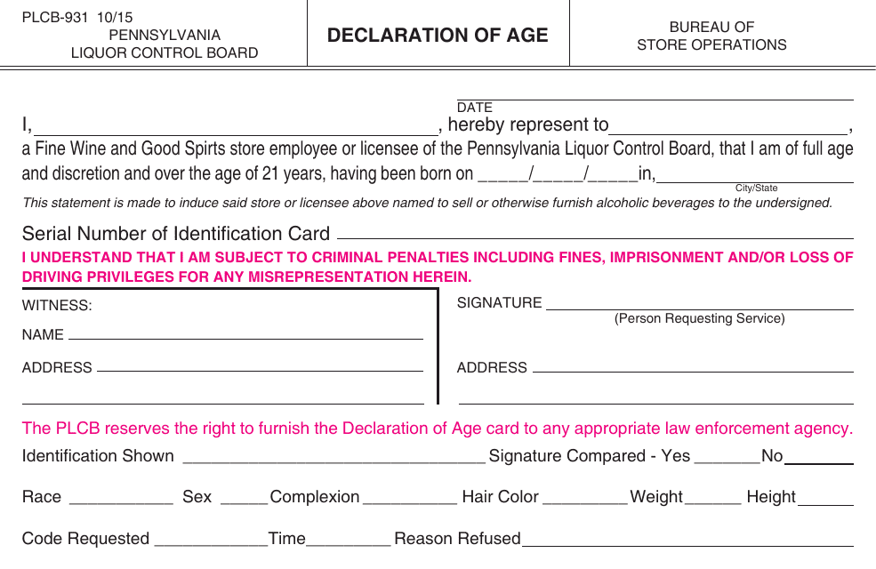 Form PLCB-931 Declaration of Age - Pennsylvania