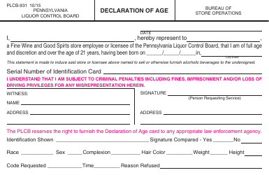 Form PLCB-931 Declaration of Age - Pennsylvania