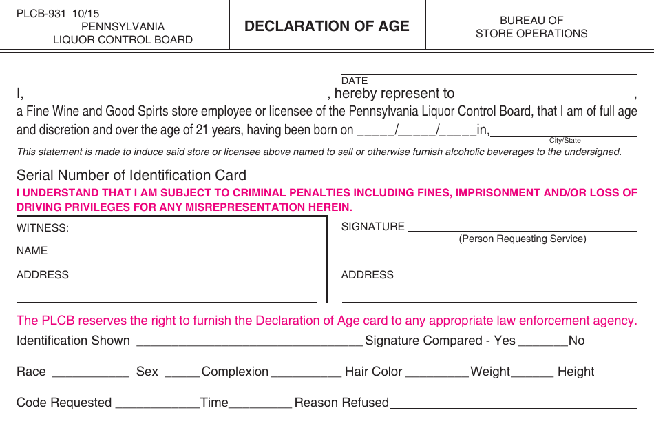 Form PLCB-931 Declaration of Age - Pennsylvania, Page 1