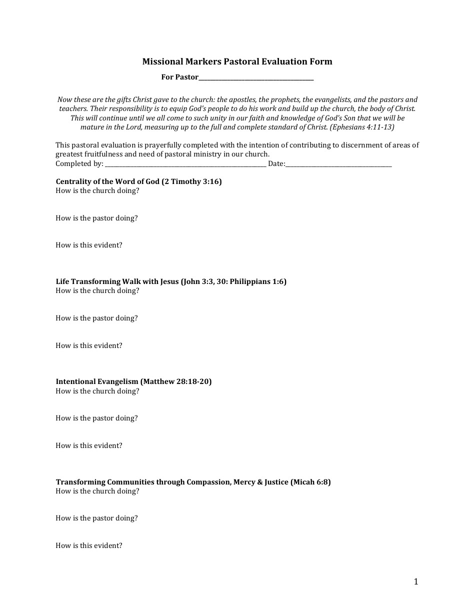 Missional Markers Pastoral Evaluation Form, Page 1