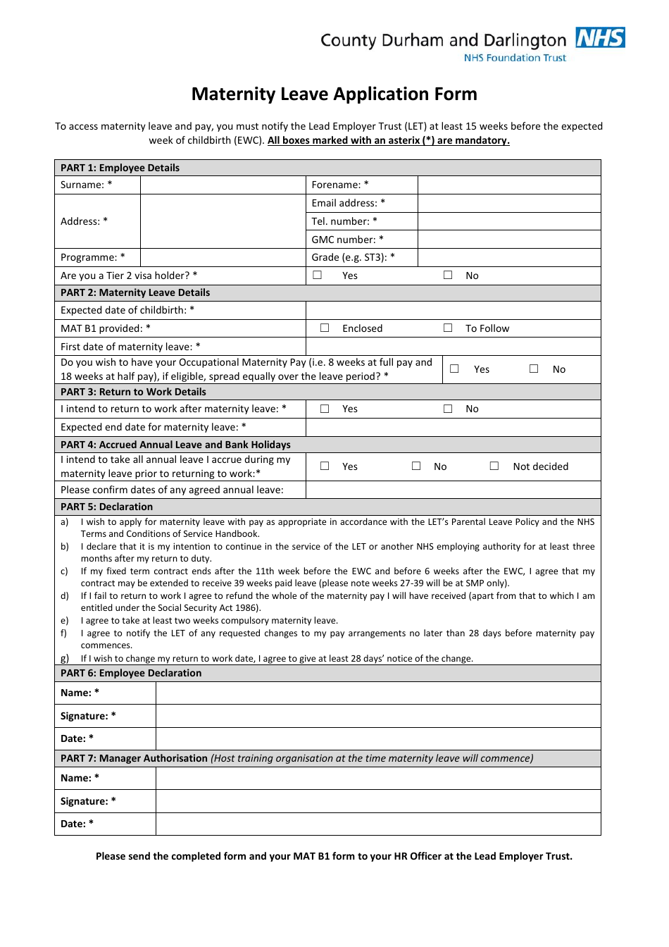 Maternity Leave Application Form - Nhs - County Durham and Darlington, United Kingdom, Page 1