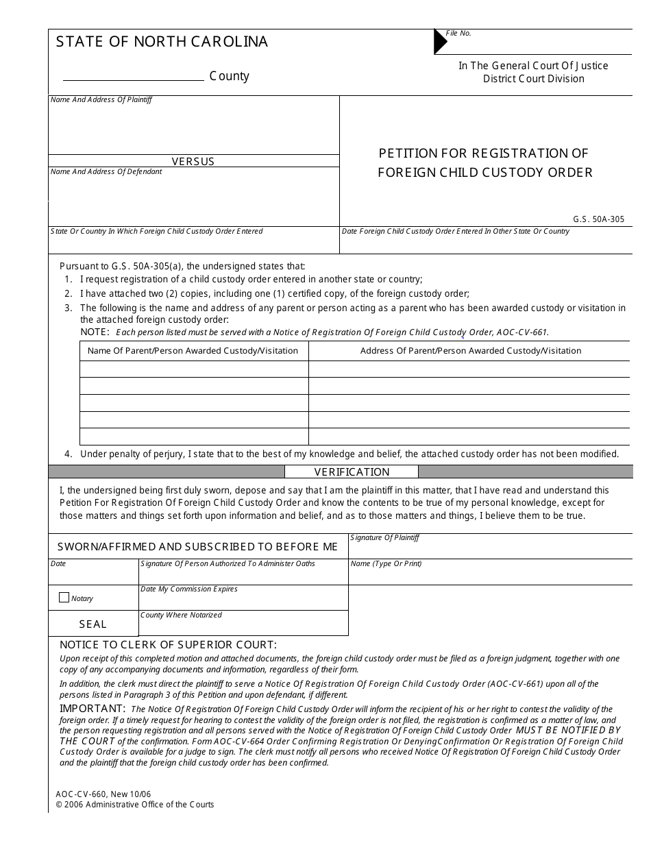 Form AOC-CV-660 Petition for Registration of Foreign Child Custody Order - North Carolina, Page 1