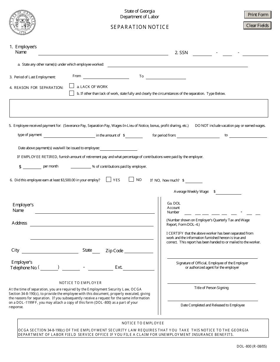 Form DOL-800 Separation Notice - Georgia (United States), Page 1