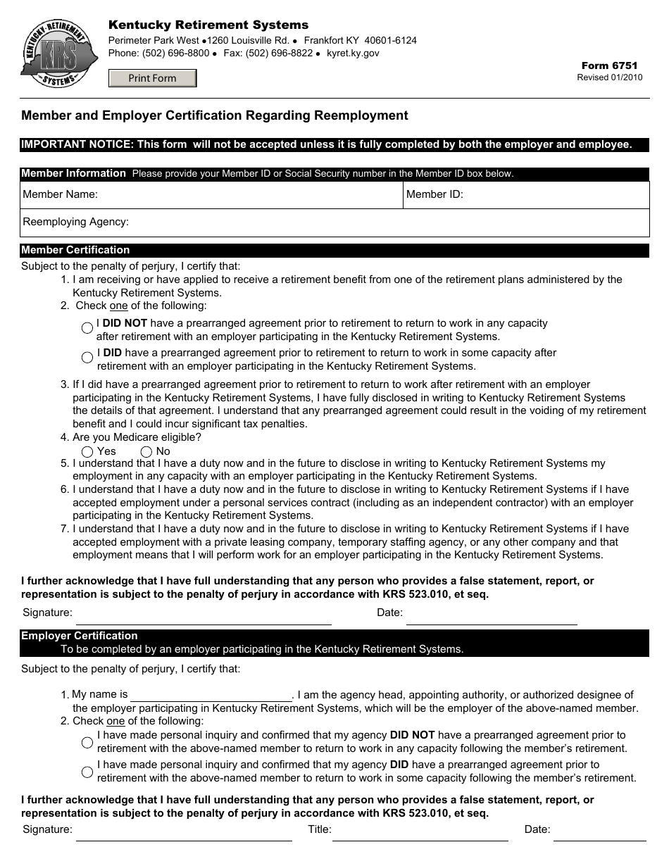 Form 6751 Member and Employer Certification Regarding Reemployment - Kentucky, Page 1