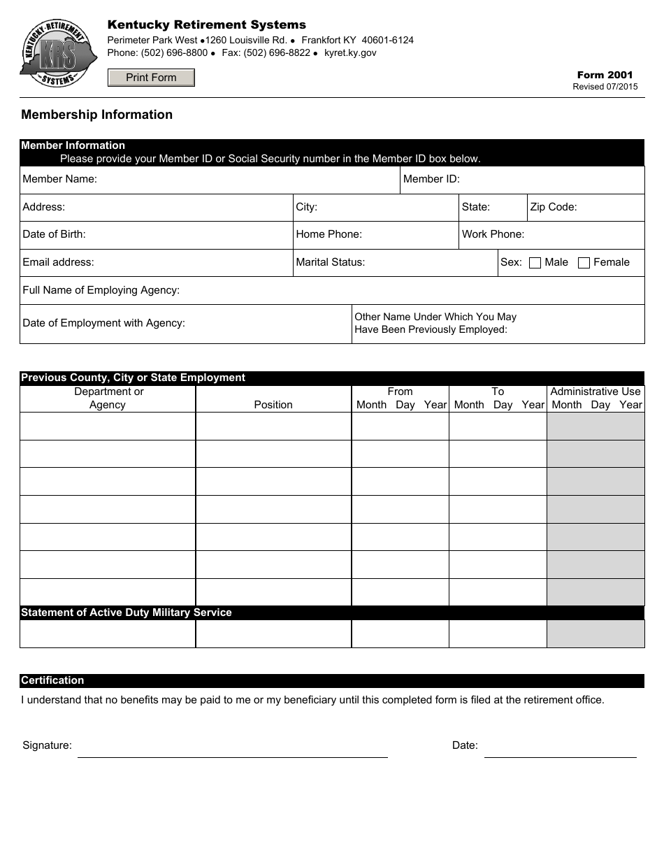 Form 2001 Membership Information - Kentucky, Page 1