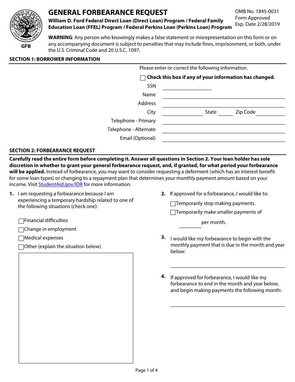 Form 1845-0031 General Forbearance Request, Page 1