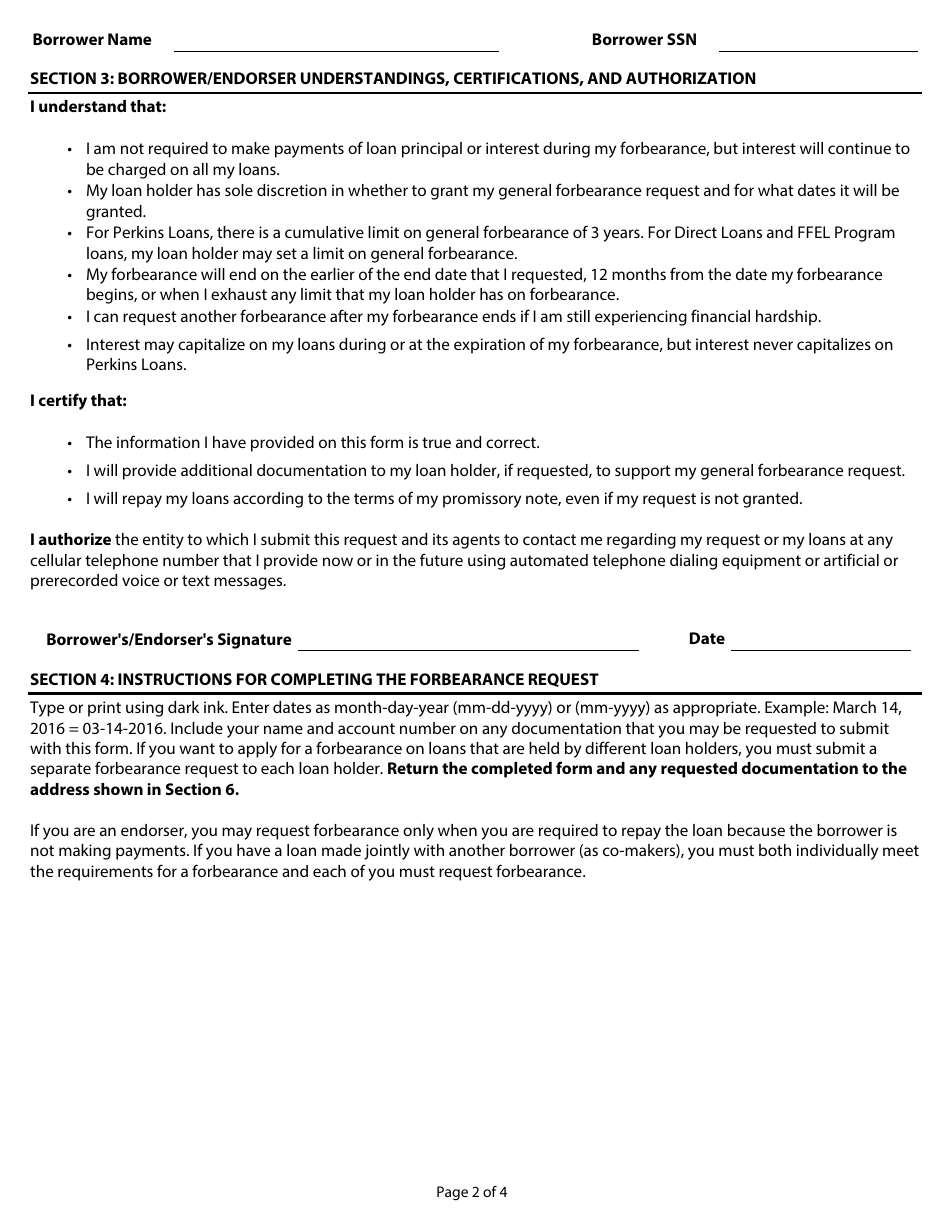 Form 1845-0031 General Forbearance Request, Page 2