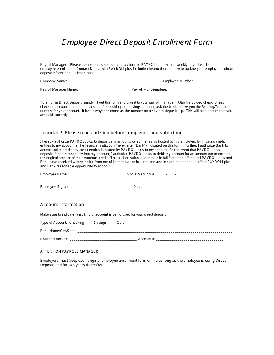 Employee Direct Deposit Enrollment Form - With Attention Payroll Manager, Page 1