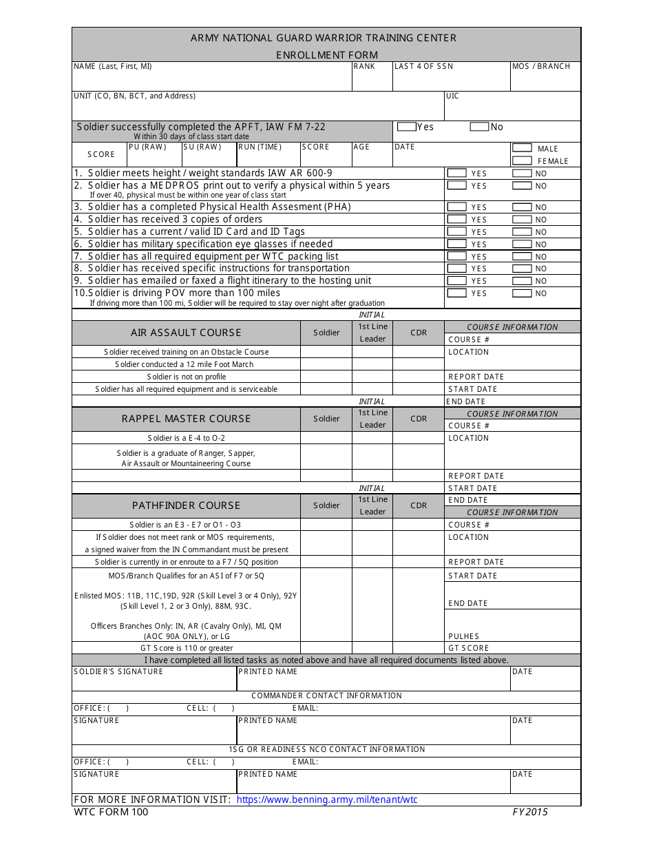 WTC Form 100 Army National Guard Warrior Training Center Enrollment Form, Page 1