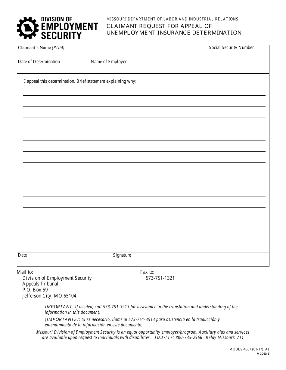 Form MODES-4607 Claimant Request for Appeal - Missouri, Page 1