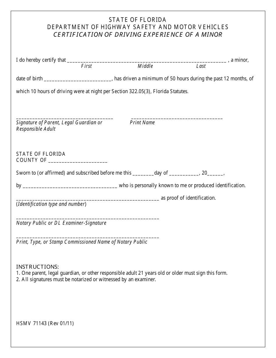 Form HSMV71143 Certification of Driving Experience of a Minor - Florida, Page 1