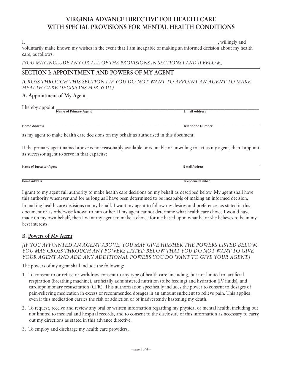 Advance Directive Form for Health Care With Special Provisions for Mental Health Conditions - Virginia, Page 1