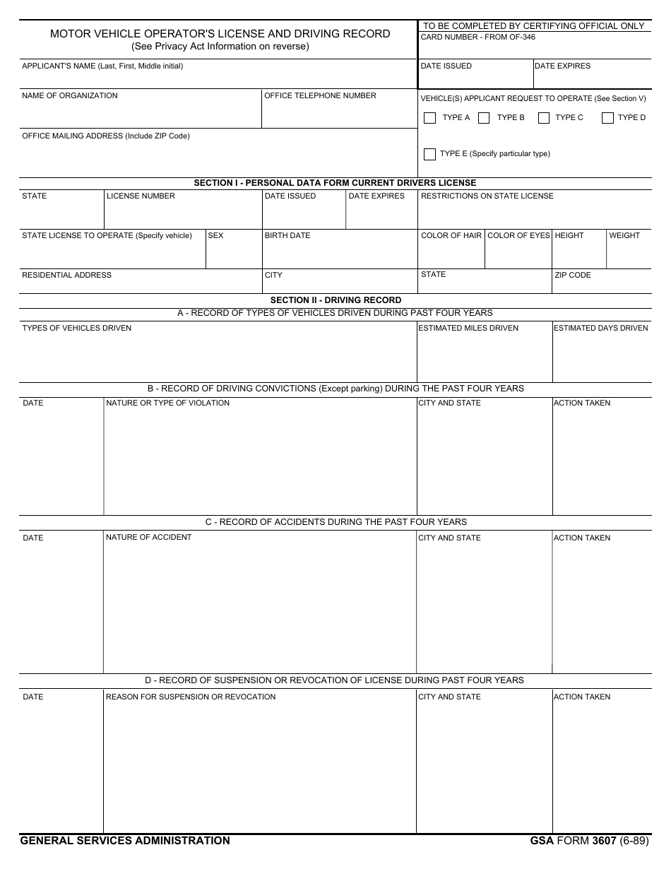 GSA Form 3607 Motor Vehicle Operators License and Driving Record, Page 1