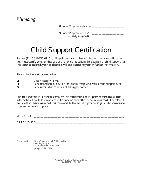 Child Support Certification - Plumbing - Illinois Download Pdf