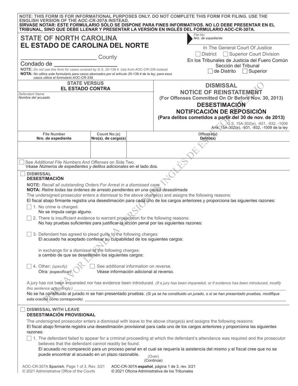 Form AOC-CR-307A Dismissal Notice of Reinstatement (For Offenses Committed on or Before Nov. 30, 2013) - North Carolina (English/Spanish), Page 1