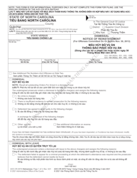 Document preview: Form AOC-CR-307A Dismissal Notice of Reinstatement (For Offenses Committed on or Before Nov. 30, 2013) - North Carolina (English/Vietnamese)