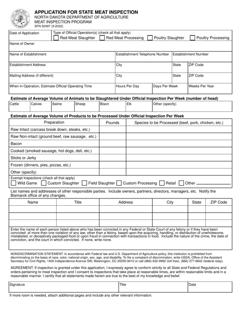 Form SFN52497 Application for State Meat Inspection - North Dakota