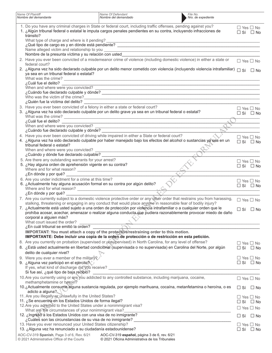Form AOC-CV-319 Motion for Return of Weapons Surrendered Under Domestic Violence Protective Order and Notice Hearing - North Carolina (English / Spanish), Page 3