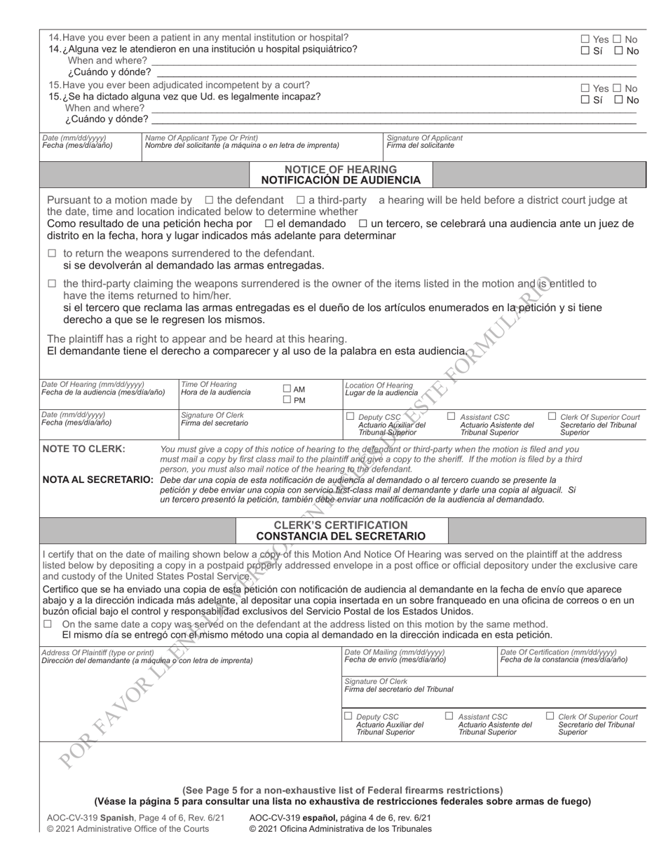 Form AOC-CV-319 Motion for Return of Weapons Surrendered Under Domestic Violence Protective Order and Notice Hearing - North Carolina (English / Spanish), Page 4