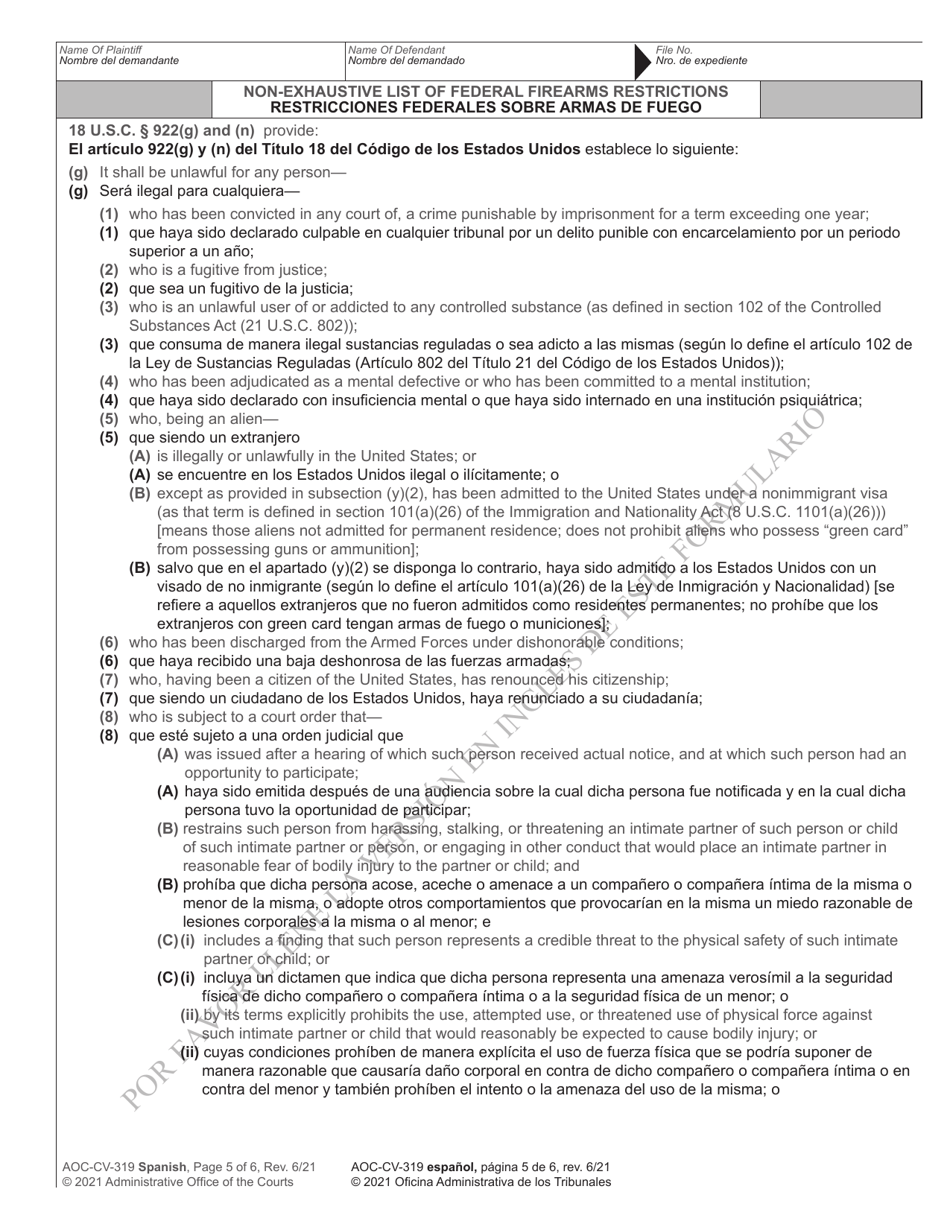 Form AOC-CV-319 Motion for Return of Weapons Surrendered Under Domestic Violence Protective Order and Notice Hearing - North Carolina (English / Spanish), Page 5