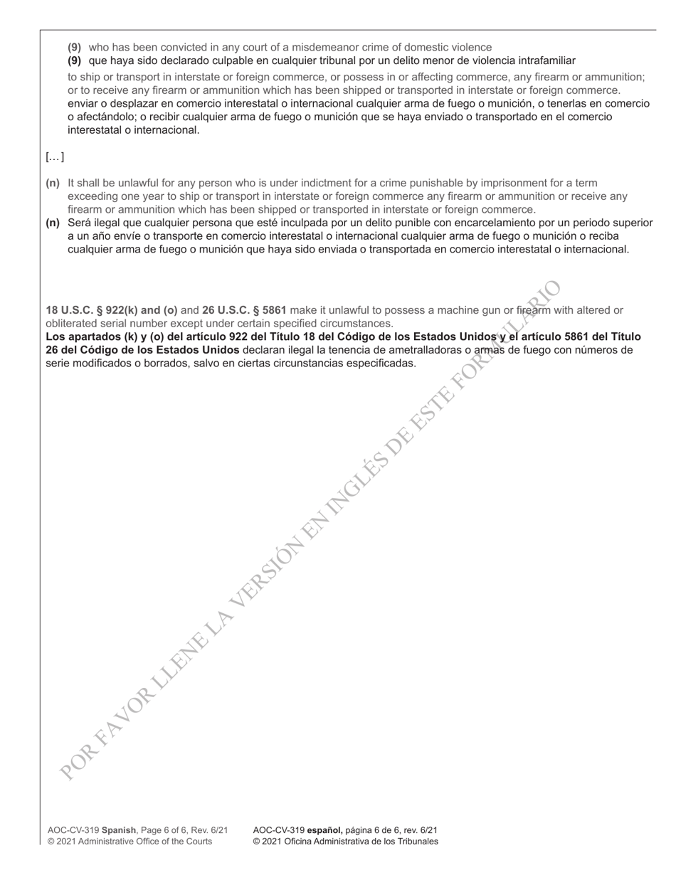 Form AOC-CV-319 Motion for Return of Weapons Surrendered Under Domestic Violence Protective Order and Notice Hearing - North Carolina (English / Spanish), Page 6