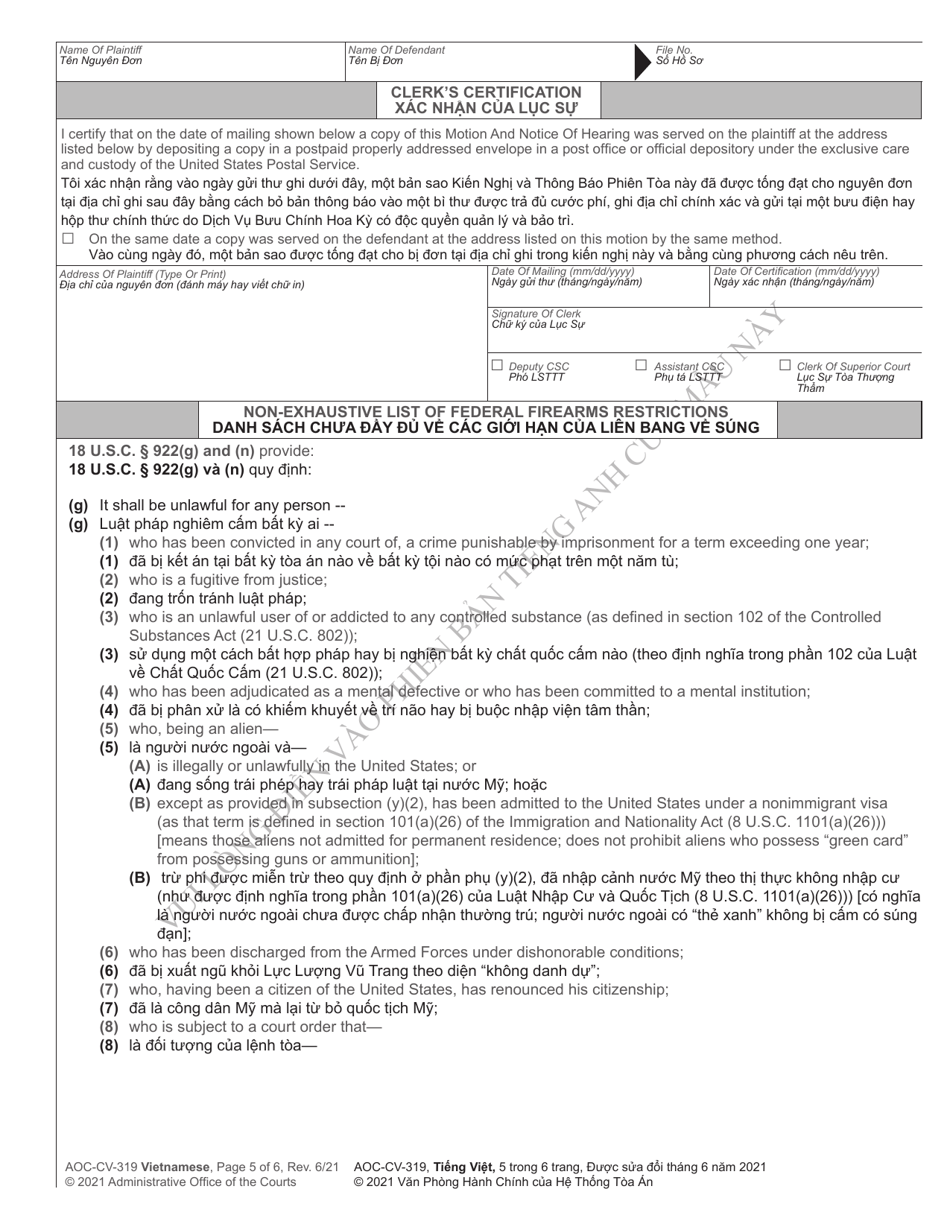 Form AOC-CV-319 Motion for Return of Weapons Surrendered Under Domestic Violence Protective Order and Notice Hearing - North Carolina (English / Vietnamese), Page 5