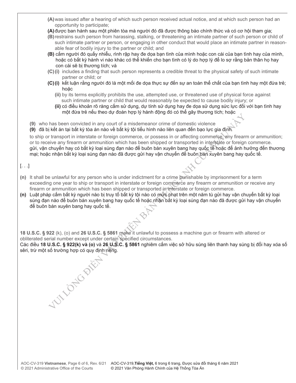 Form AOC-CV-319 Motion for Return of Weapons Surrendered Under Domestic Violence Protective Order and Notice Hearing - North Carolina (English / Vietnamese), Page 6