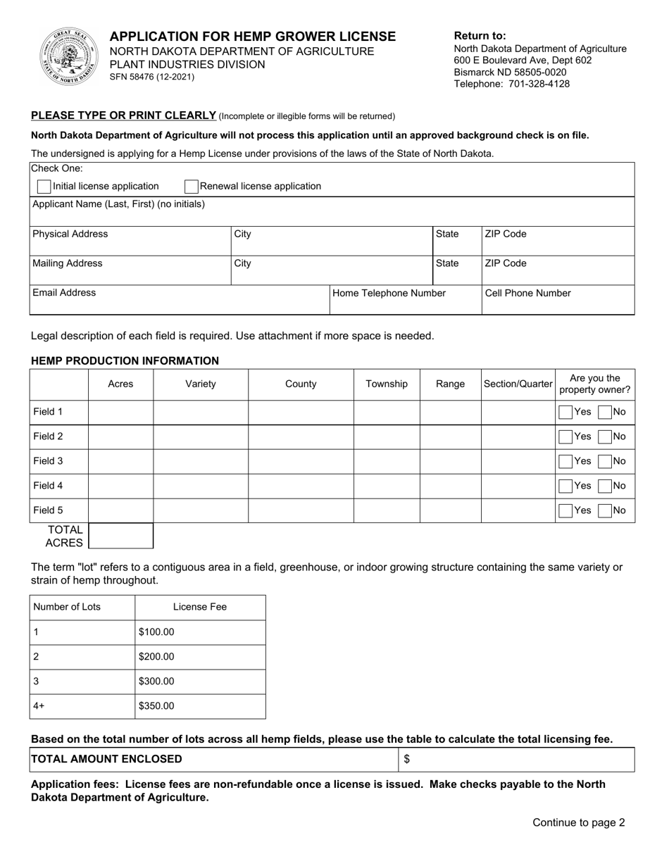 Form SFN58476 Application for Hemp Grower License - North Dakota, Page 1