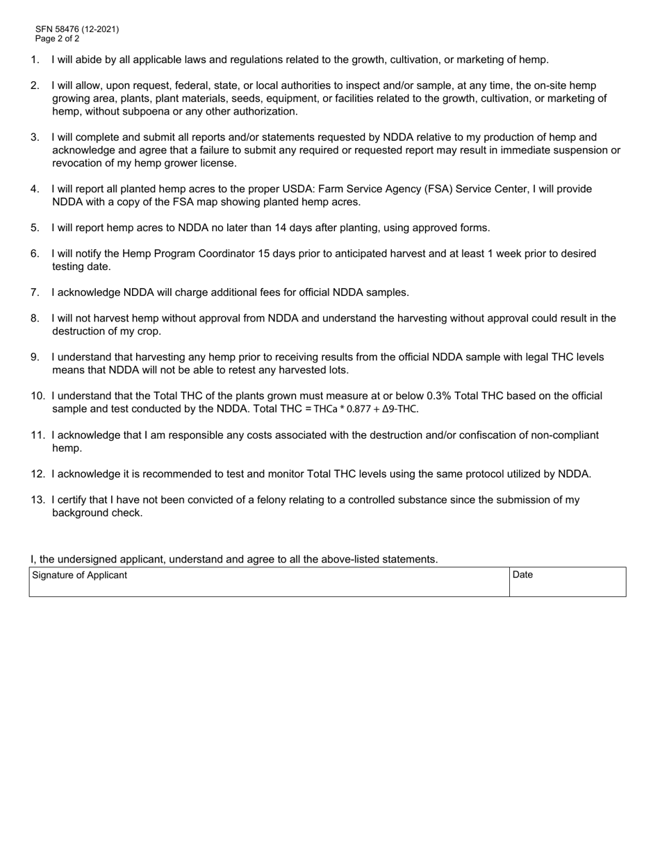 Form SFN58476 Application for Hemp Grower License - North Dakota, Page 2