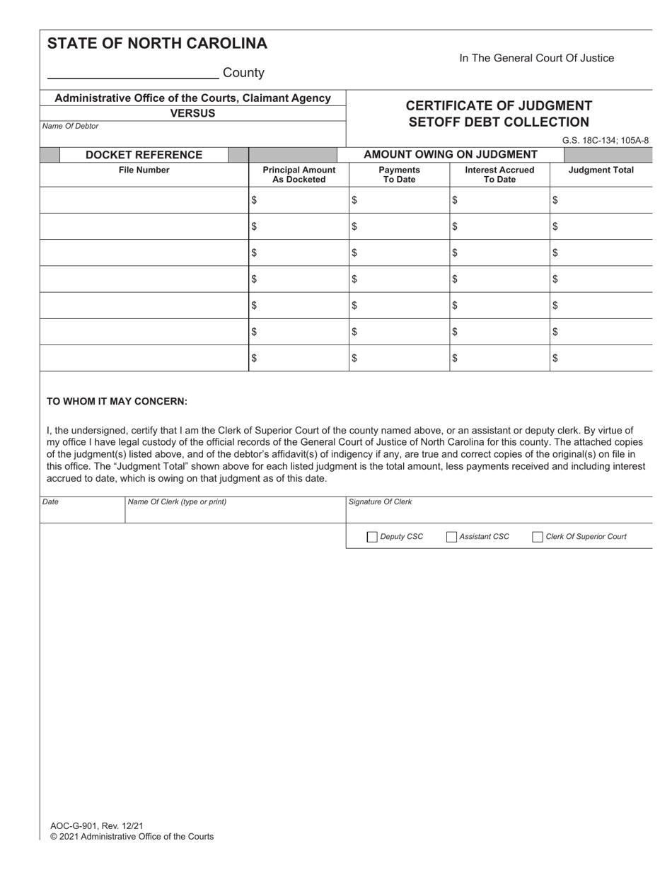 Form AOC-G-901 Certificate of Judgment Setoff Debt Collection - North Carolina, Page 1