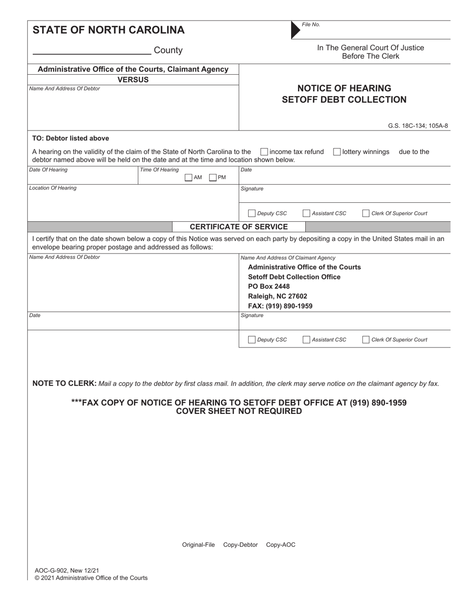 Form AOC-G-902 Notice of Hearing Setoff Debt Collection - North Carolina, Page 1