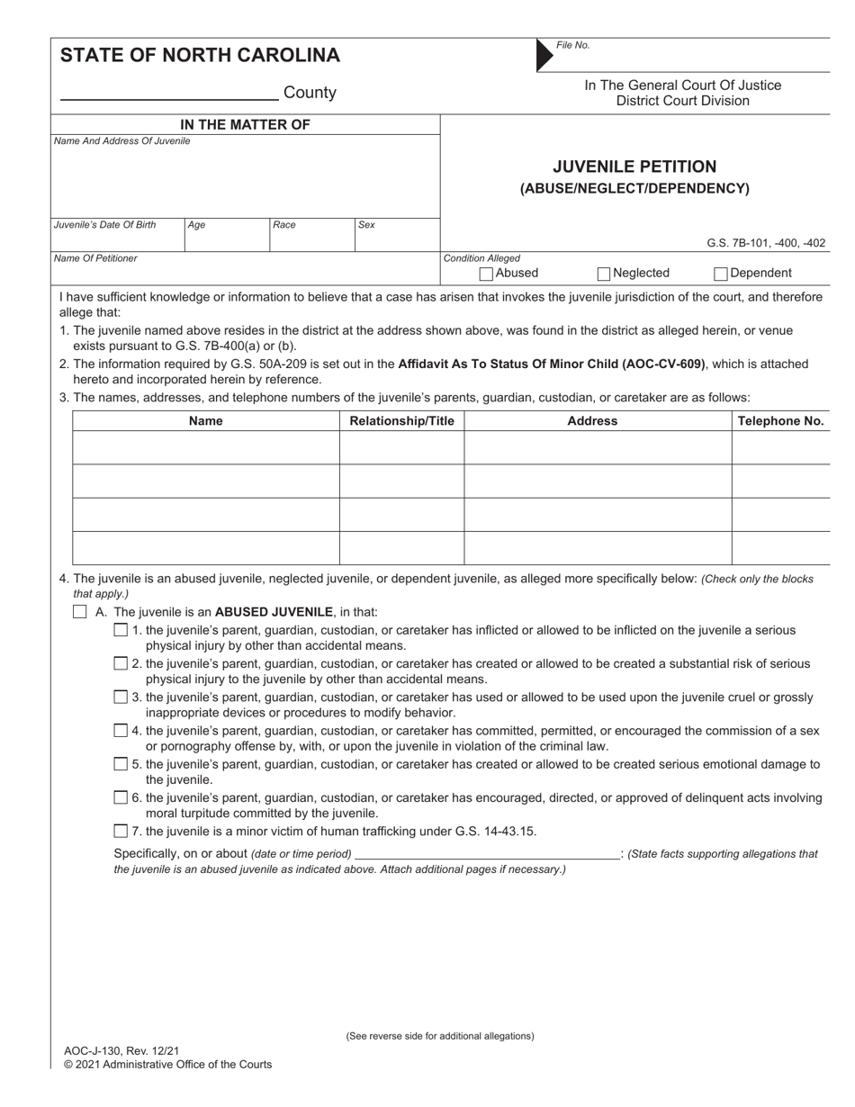Form AOC-J-130 Juvenile Petition (Abuse / Neglect / Dependency) - North Carolina, Page 1