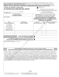 Document preview: Form AOC-CR-322 Defendant's Plea of Guilty or No Contest in District Court - North Carolina (English/Spanish)