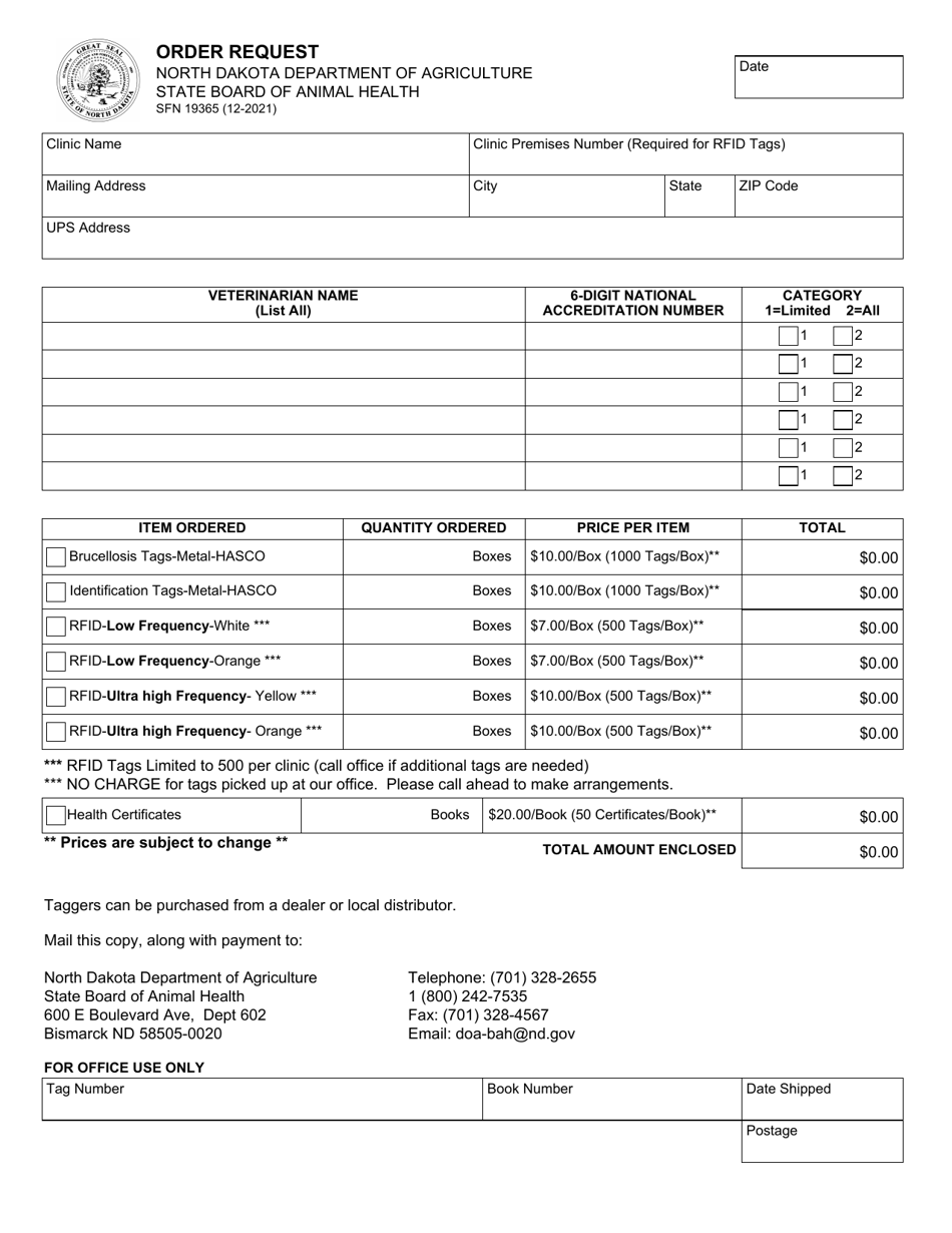 Form SFN19365 Order Request - North Dakota, Page 1