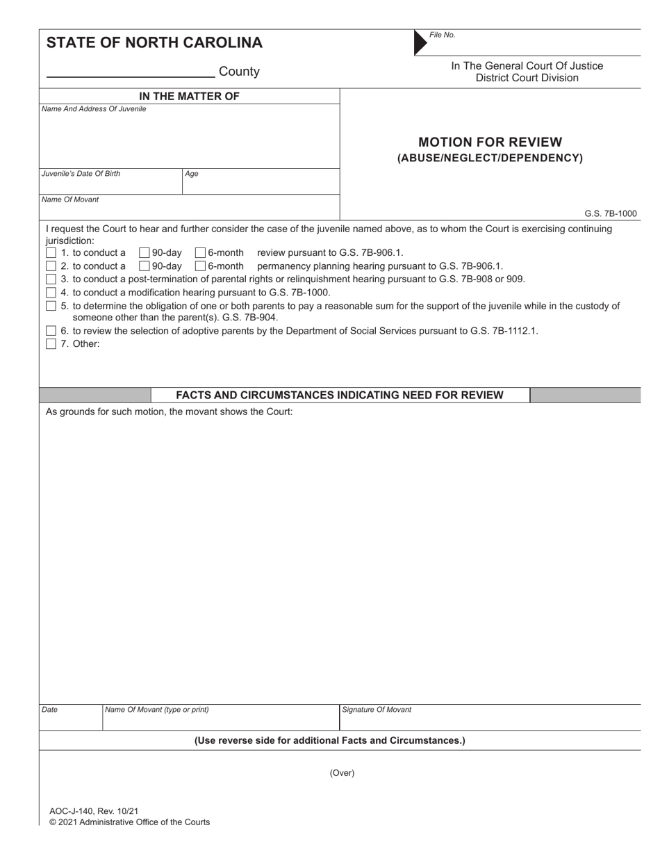 Form AOC-J-140 Motion for Review (Abuse / Neglect / Dependency) - North Carolina, Page 1