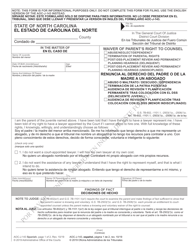 Document preview: Form AOC-J-143 Waiver of Parent's Right to Counsel - North Carolina (English/Spanish)