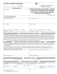 Document preview: Form AOC-J-146 Order Appointing Provisional Counselon Motion for Modification Hearing and Notice of Modification Hearing (Abuse/Neglect/Dependency) - North Carolina