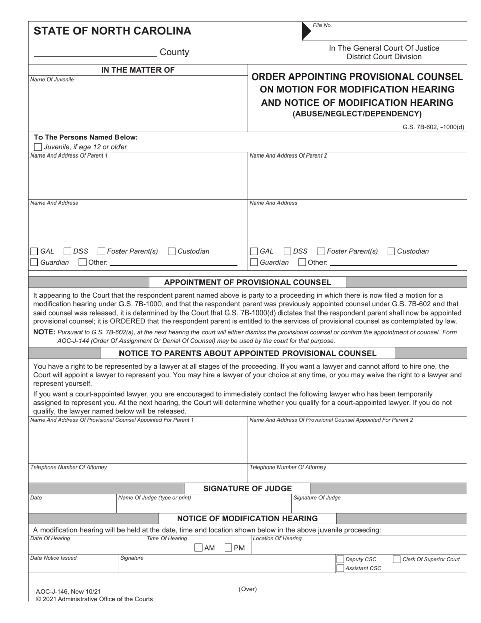 Form AOC-J-146 Order Appointing Provisional Counselon Motion for Modification Hearing and Notice of Modification Hearing (Abuse / Neglect / Dependency) - North Carolina, Page 1