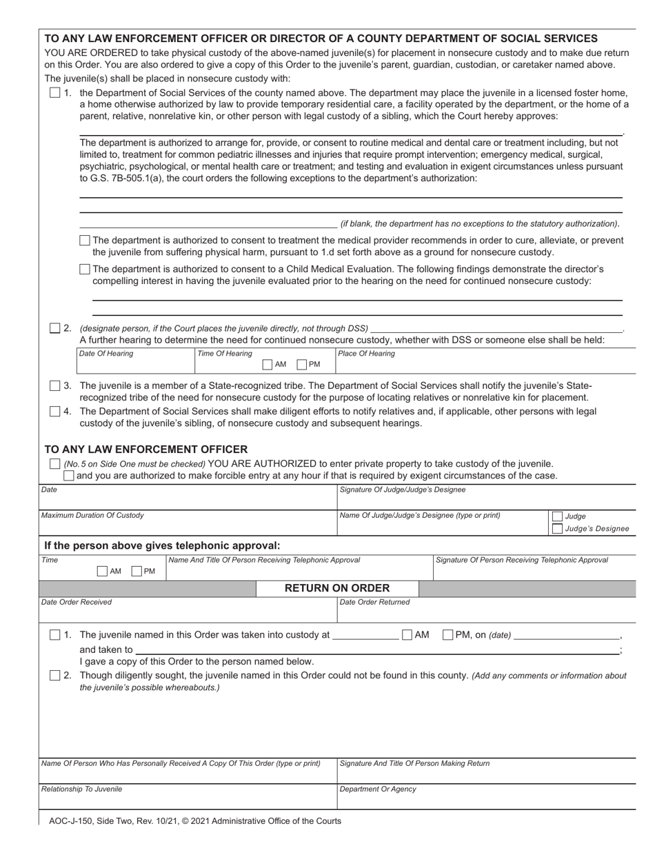 Form AOC-J-150 Order for Nonsecure Custody (Abuse / Neglect / Dependency) - North Carolina, Page 2