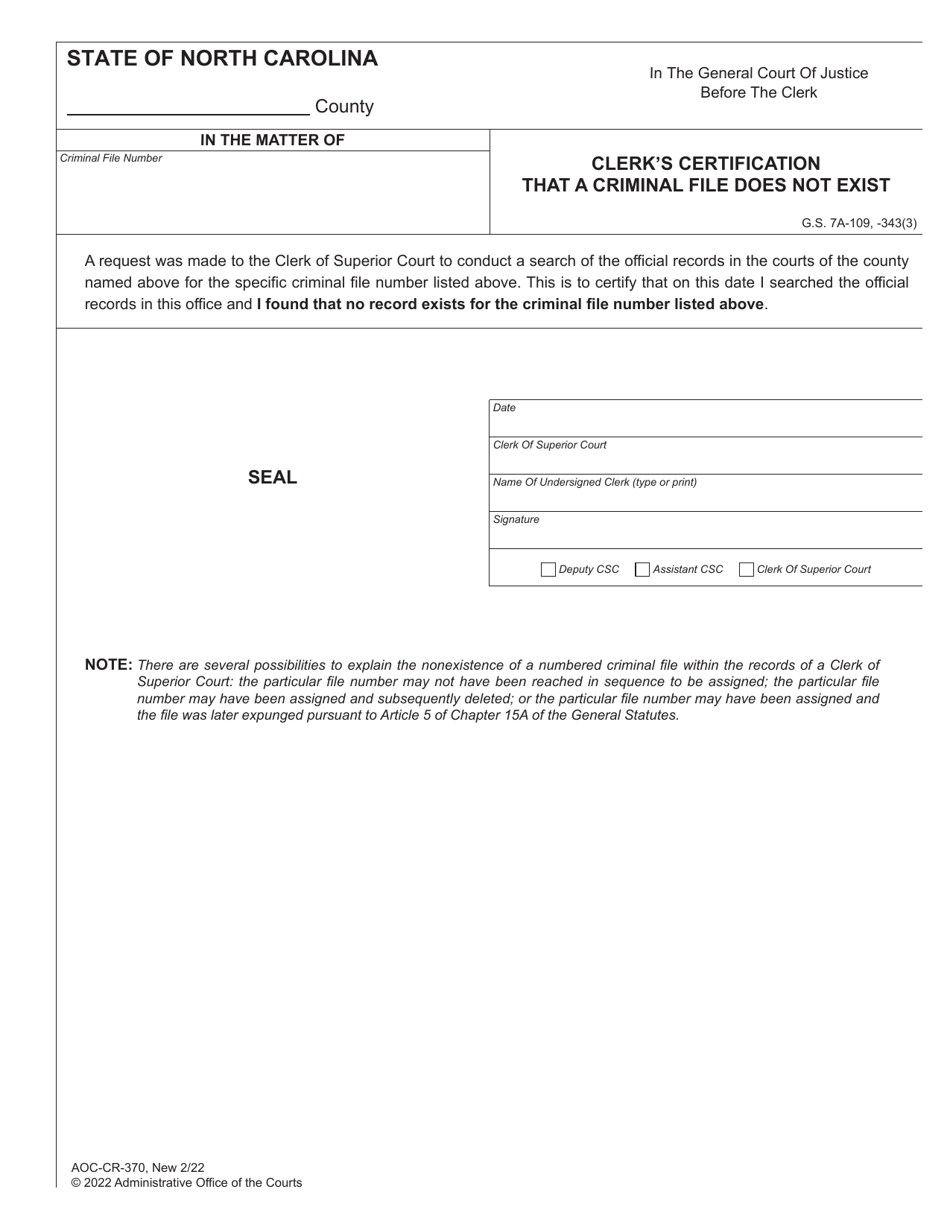 Form AOC-CR-370 Clerks Certification That a Criminal File Does Not Exist - North Carolina, Page 1