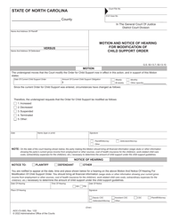 Document preview: Form AOC-CV-600 Motion and Notice of Hearing for Modification of Child Support Order - North Carolina