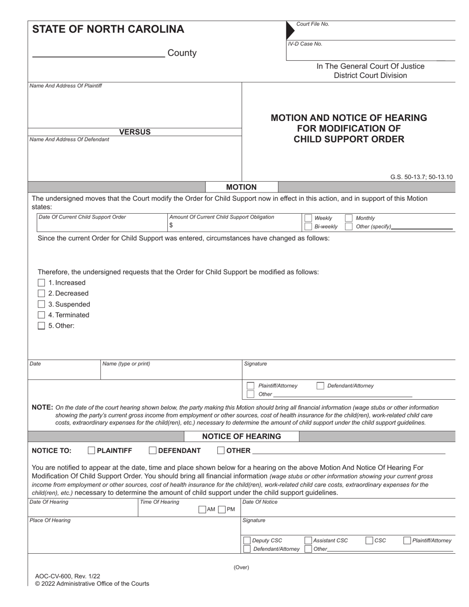 Form AOC-CV-600 Motion and Notice of Hearing for Modification of Child Support Order - North Carolina, Page 1