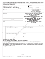 Document preview: Form AOC-CV-602 Order to Appear and Show Cause for Failure to Comply With Support Order and Order to Produce Records and Licenses - North Carolina (English/Vietnamese)
