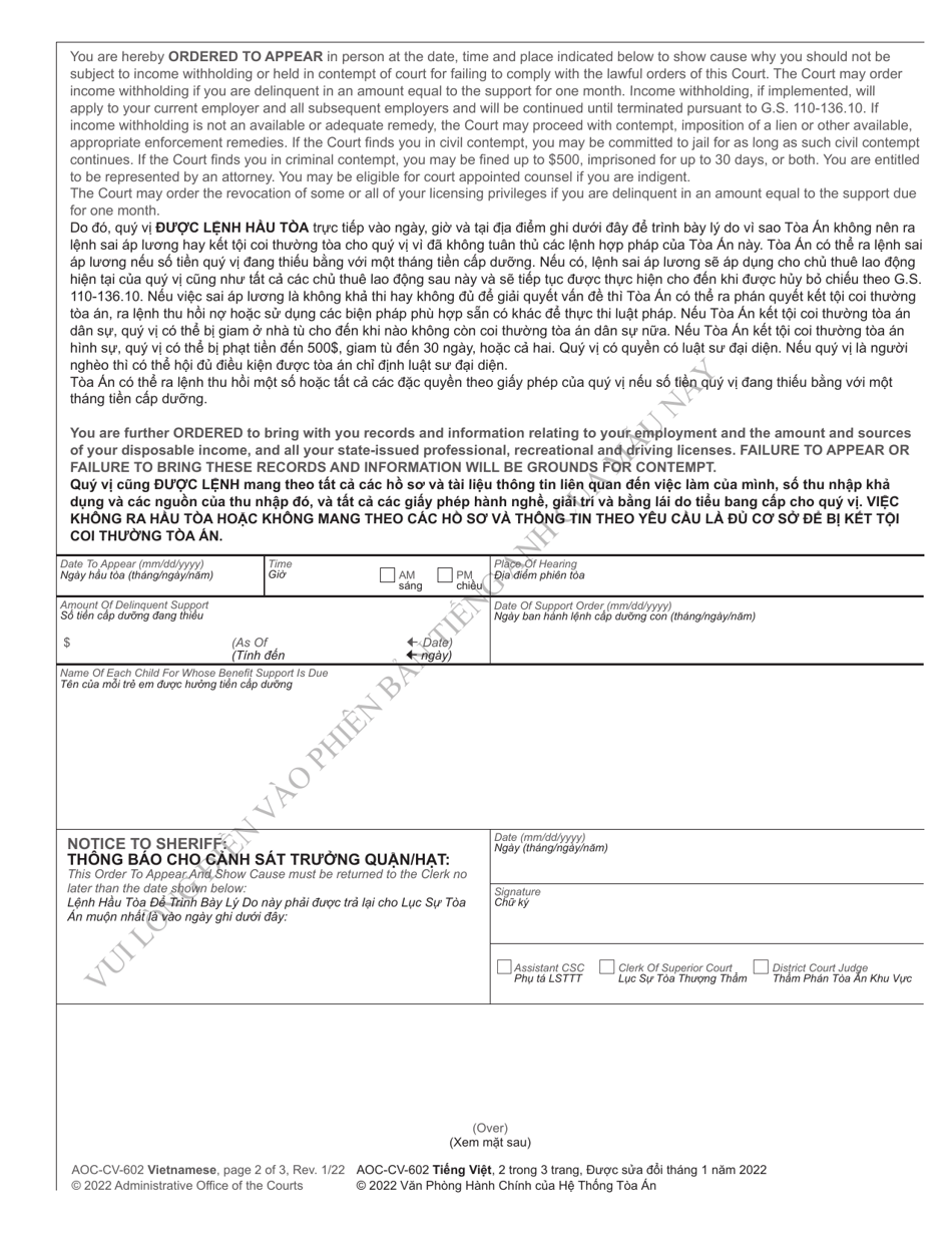 Form AOC-CV-602 Order to Appear and Show Cause for Failure to Comply With Support Order and Order to Produce Records and Licenses - North Carolina (English / Vietnamese), Page 2