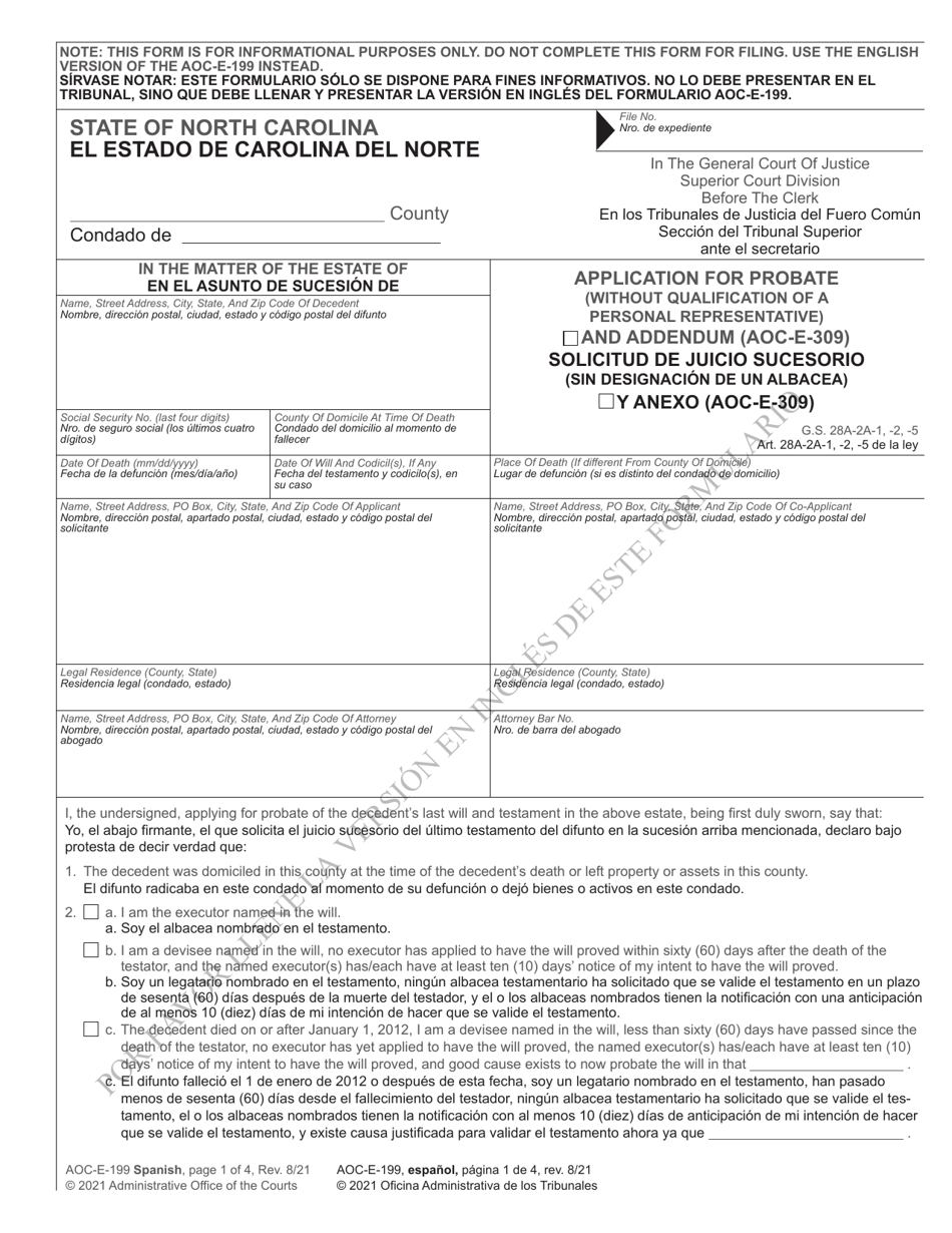 Form AOC-E-199 Application for Probate (Without Qualification of a Personal Representative) - North Carolina (English / Spanish), Page 1